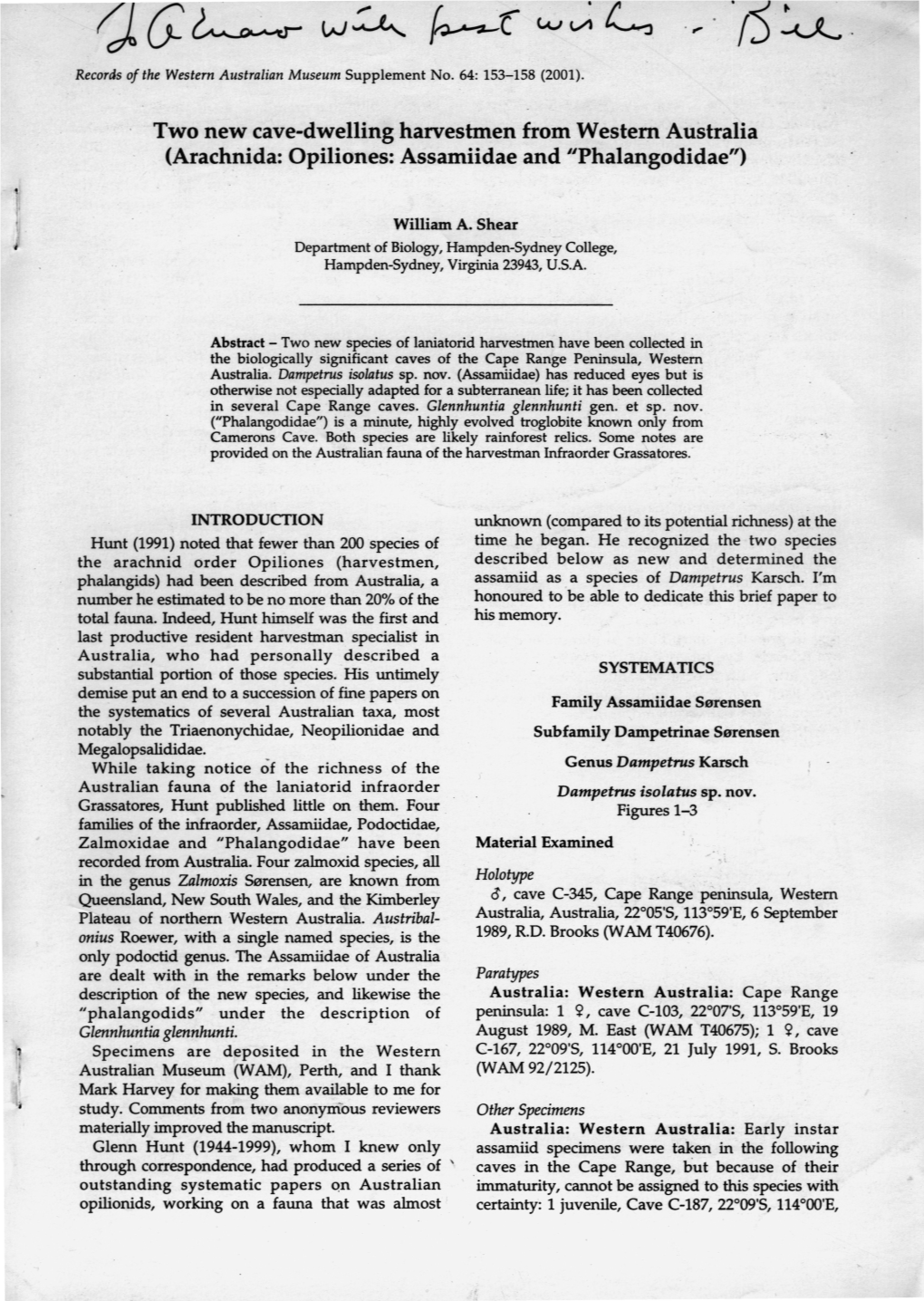 Two New Cave-Dwelling Harvestmen from Western Australia (Arachnida: Opiliones: Assamiidae and "Phalangodidae")