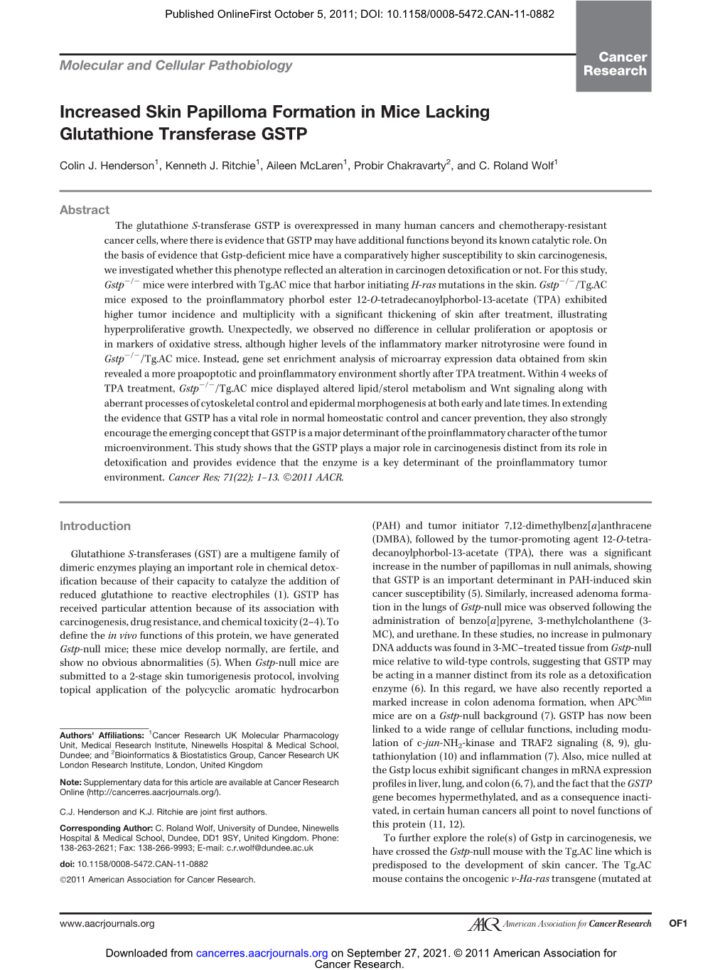 Increased Skin Papilloma Formation in Mice Lacking Glutathione Transferase GSTP