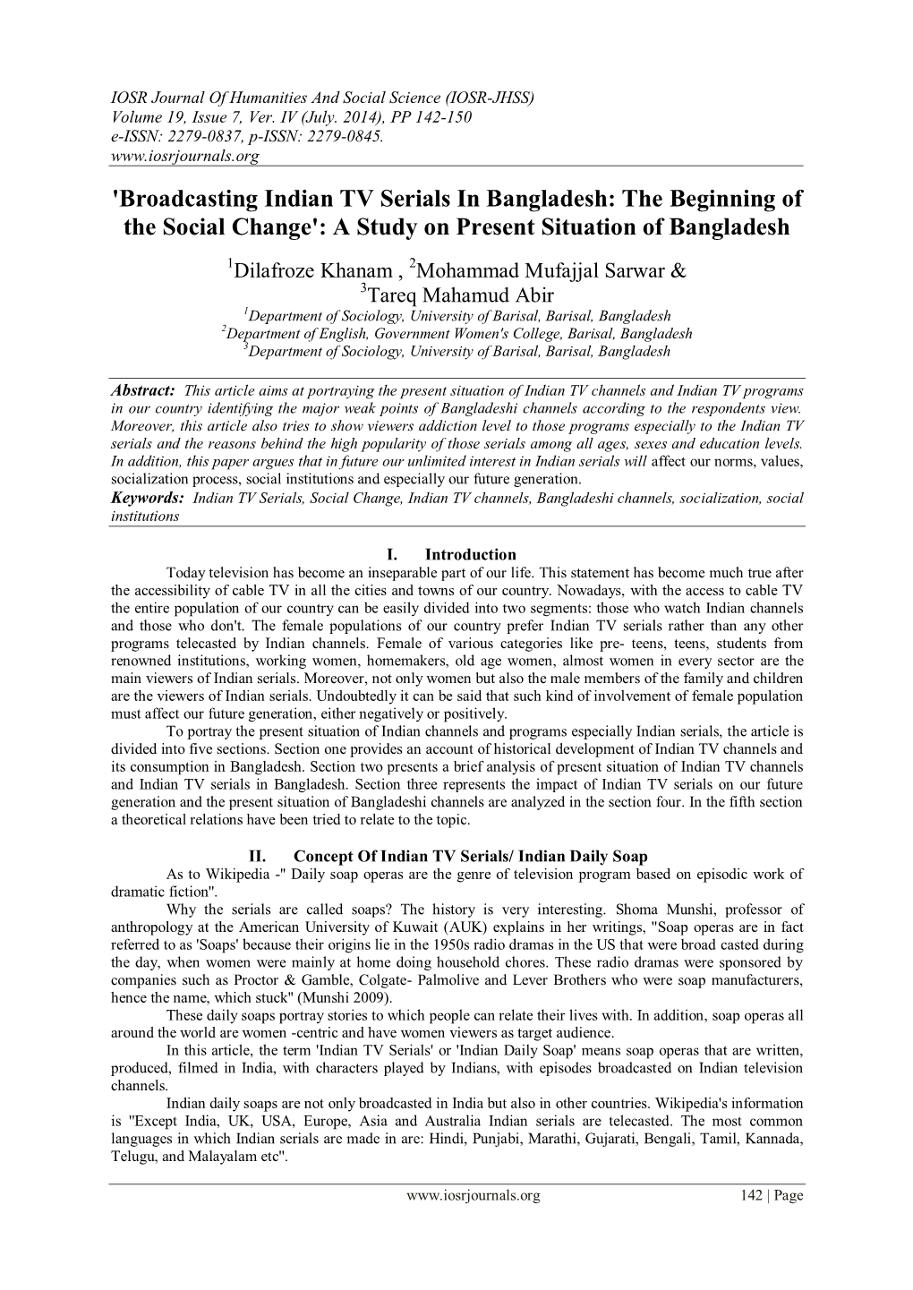 'Broadcasting Indian TV Serials in Bangladesh: the Beginning of the Social Change': a Study on Present Situation of Bangladesh