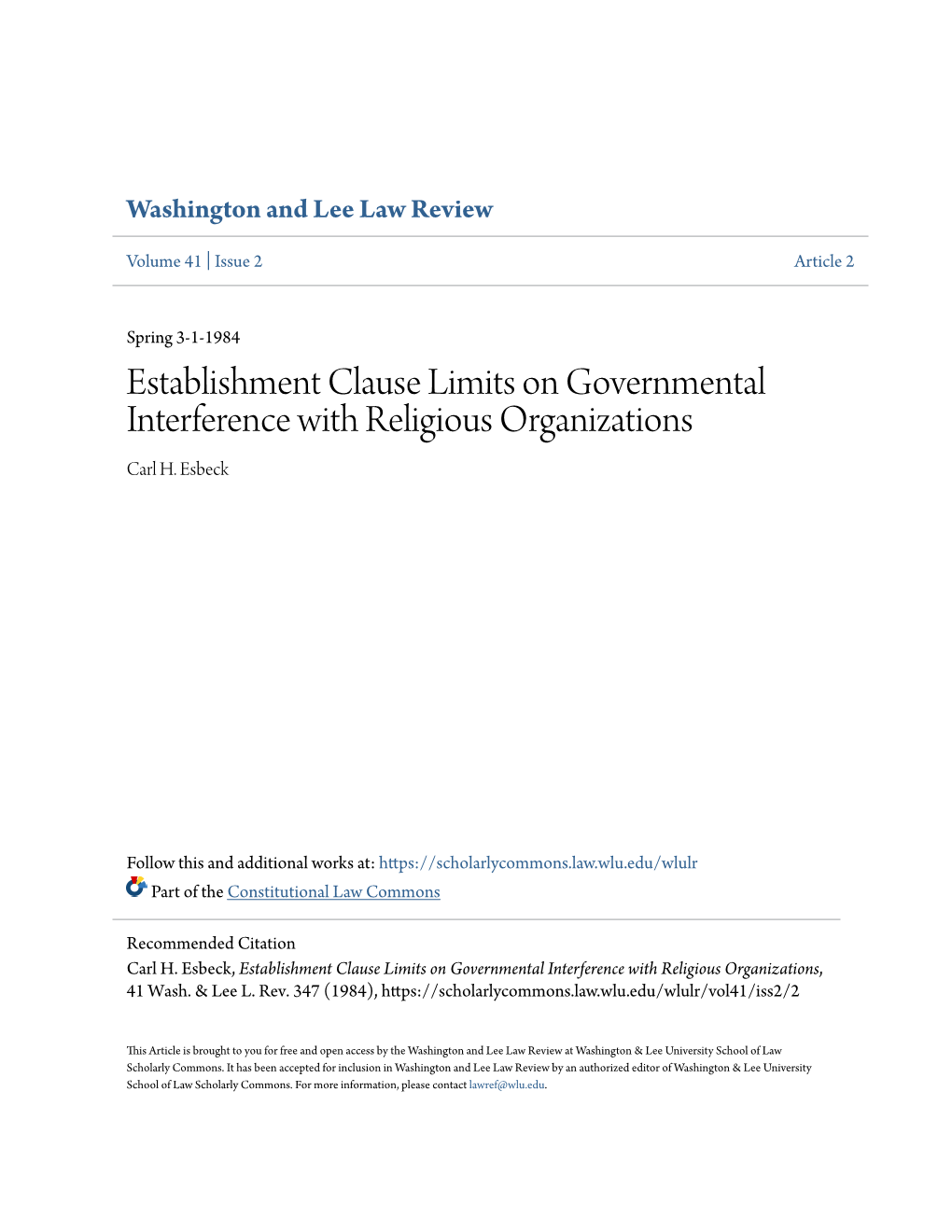 Establishment Clause Limits on Governmental Interference with Religious Organizations Carl H