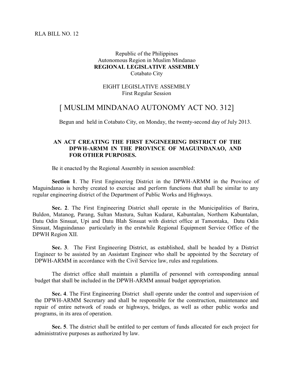 [ Muslim Mindanao Autonomy Act No. 312]