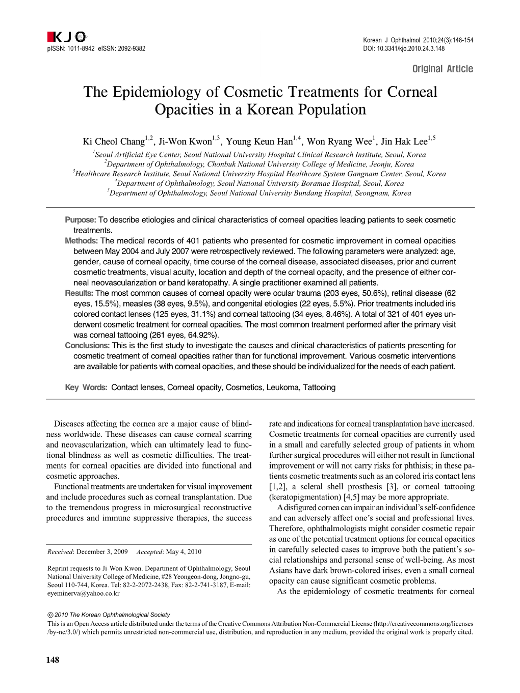 The Epidemiology of Cosmetic Treatments for Corneal Opacities in a Korean Population