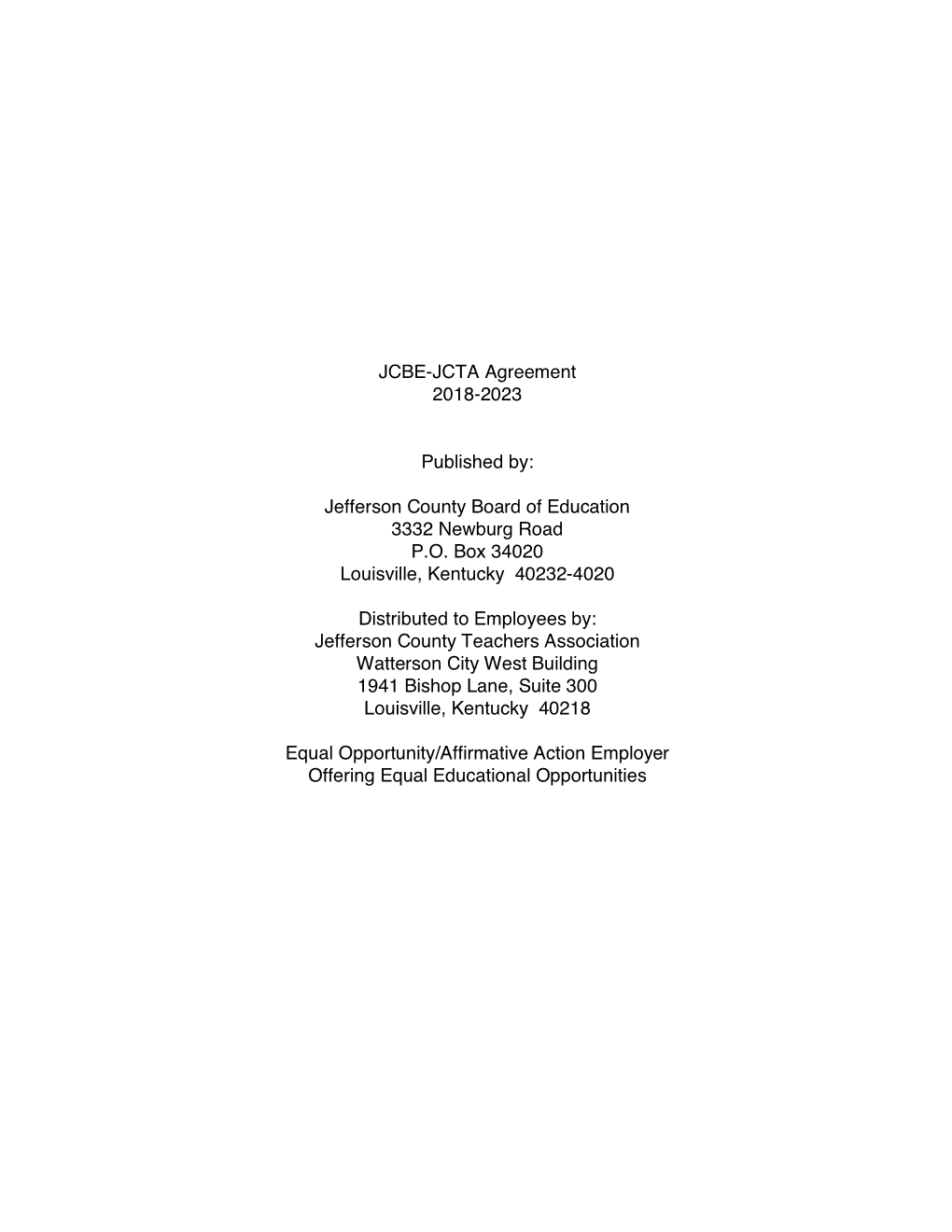 JCBE-JCTA Agreement 2018-2023 Published By: Jefferson County