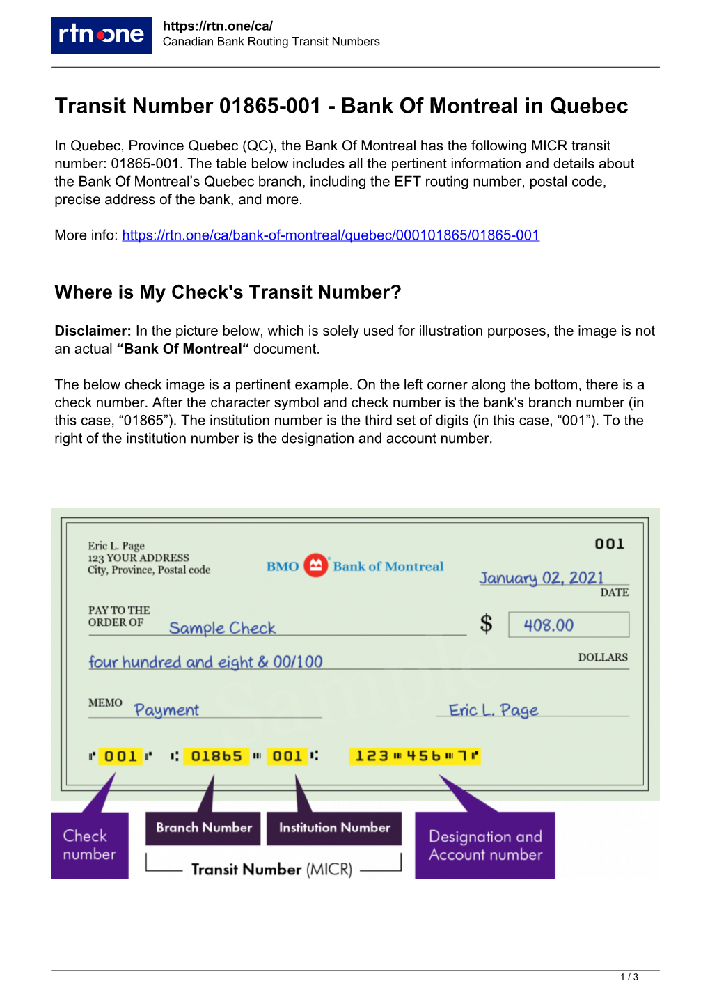 000101865 — Transit and Routing Numbers for the Bank of Montreal in Quebec