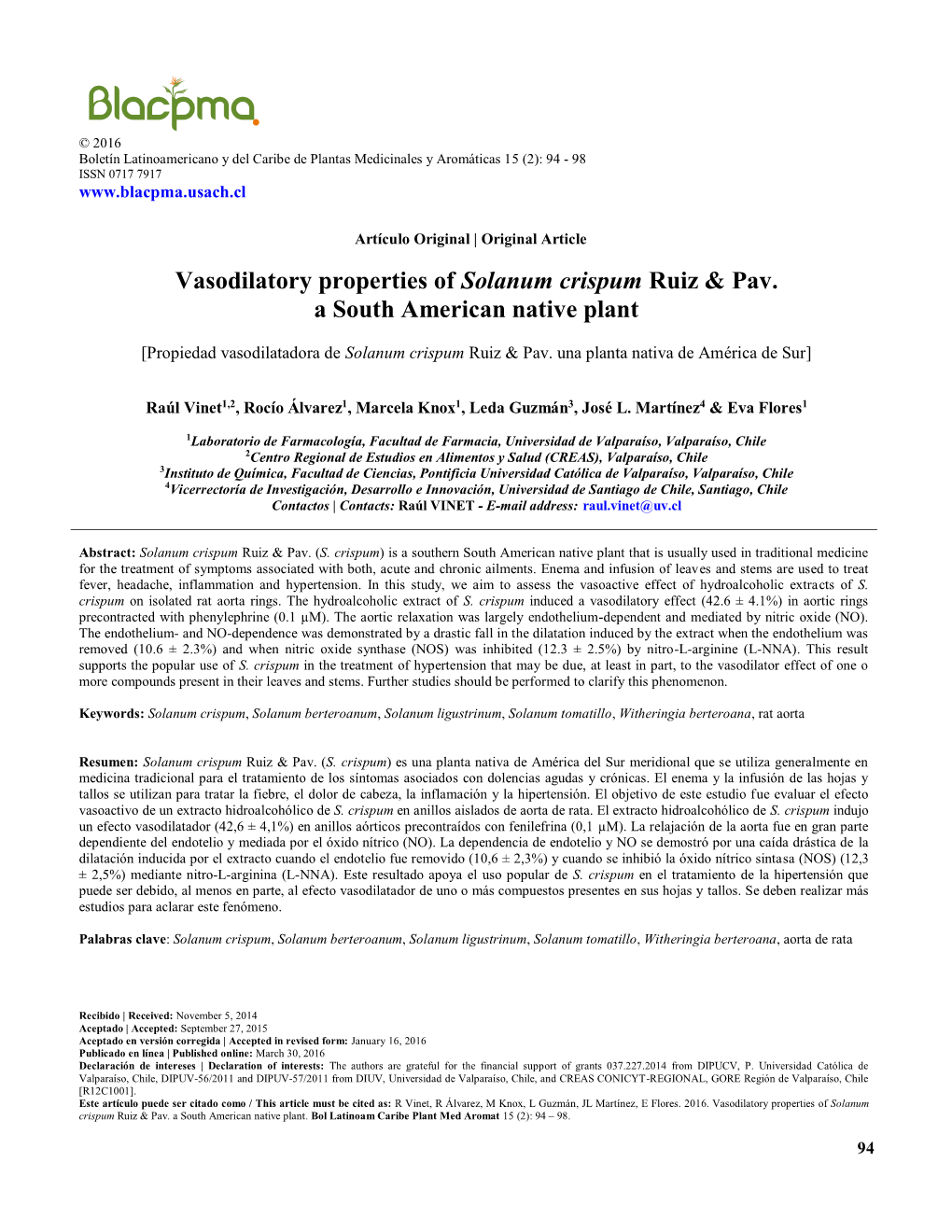 Vasodilatory Properties of Solanum Crispum Ruiz & Pav. a South