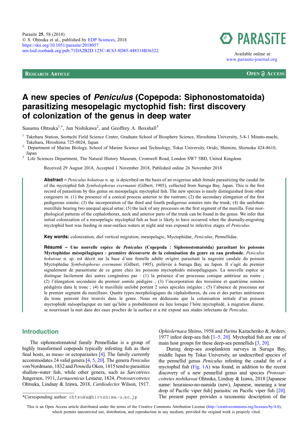 A New Species of Peniculus (Copepoda: Siphonostomatoida) Parasitizing Mesopelagic Myctophid Fish: First Discovery of Colonization of the Genus in Deep Water