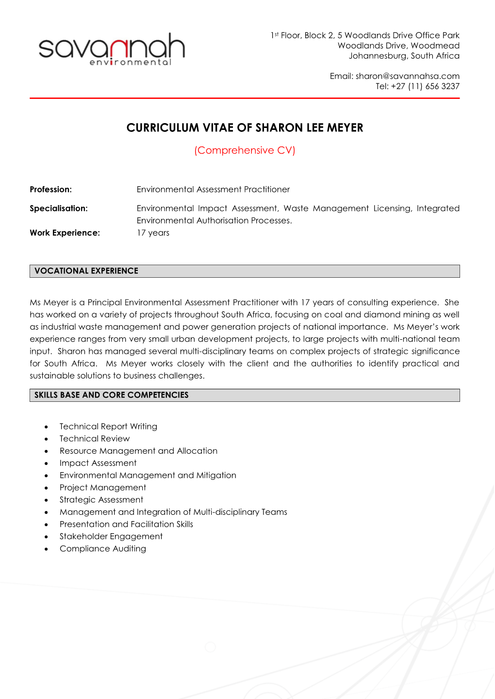 Curriculum Vitae of Sharon Lee Meyer