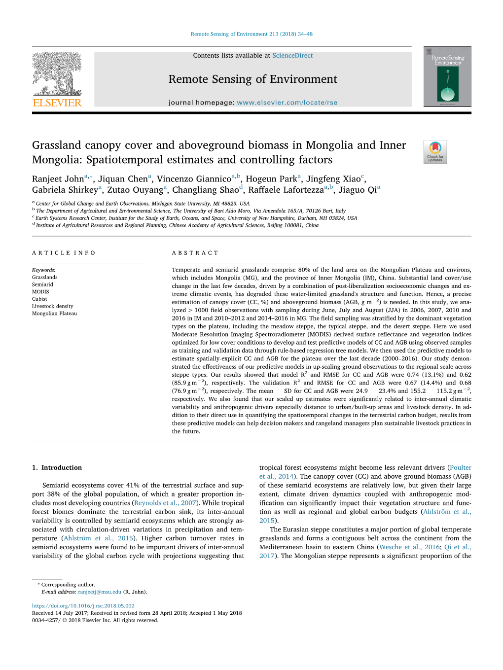 Grassland Canopy Cover and Aboveground Biomass in Mongolia