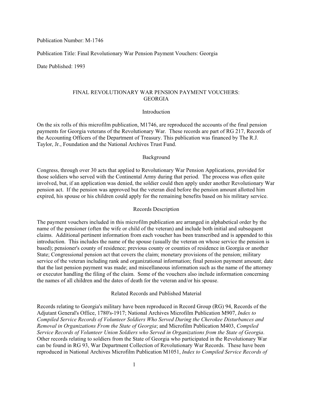 Final Revolutionary War Pension Payment Vouchers: Georgia Date Published