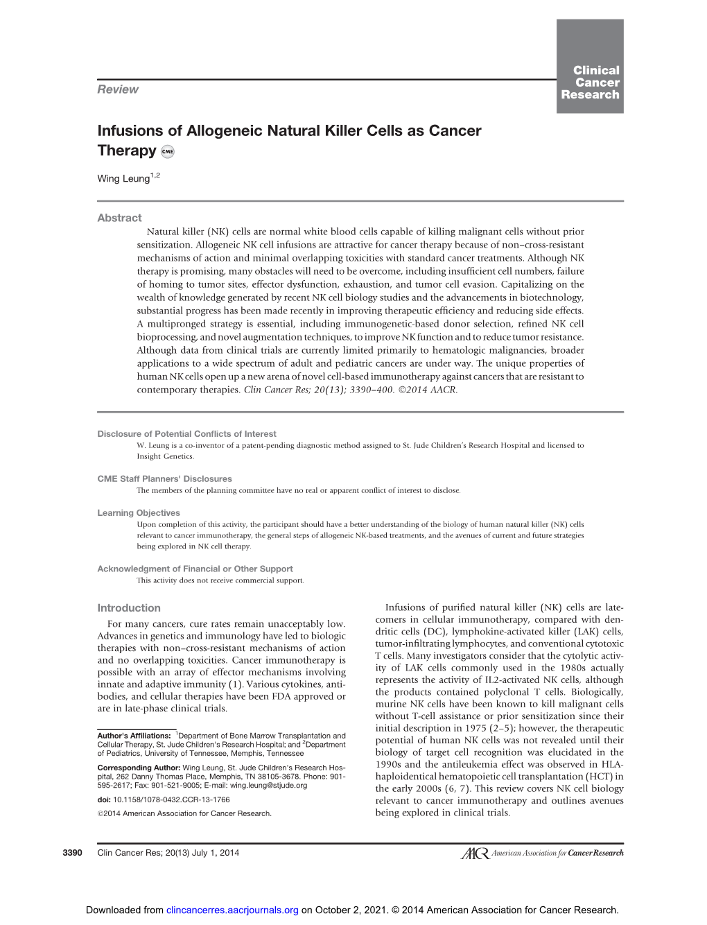 Infusions of Allogeneic Natural Killer Cells As Cancer Therapy