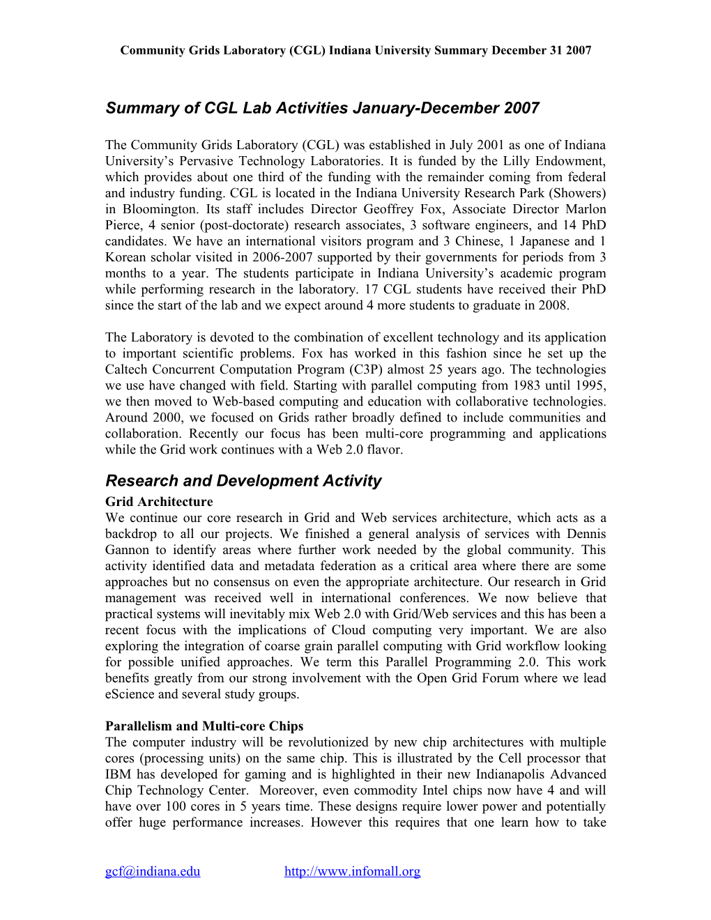 Summary of Key Lab Activities January-June 2007