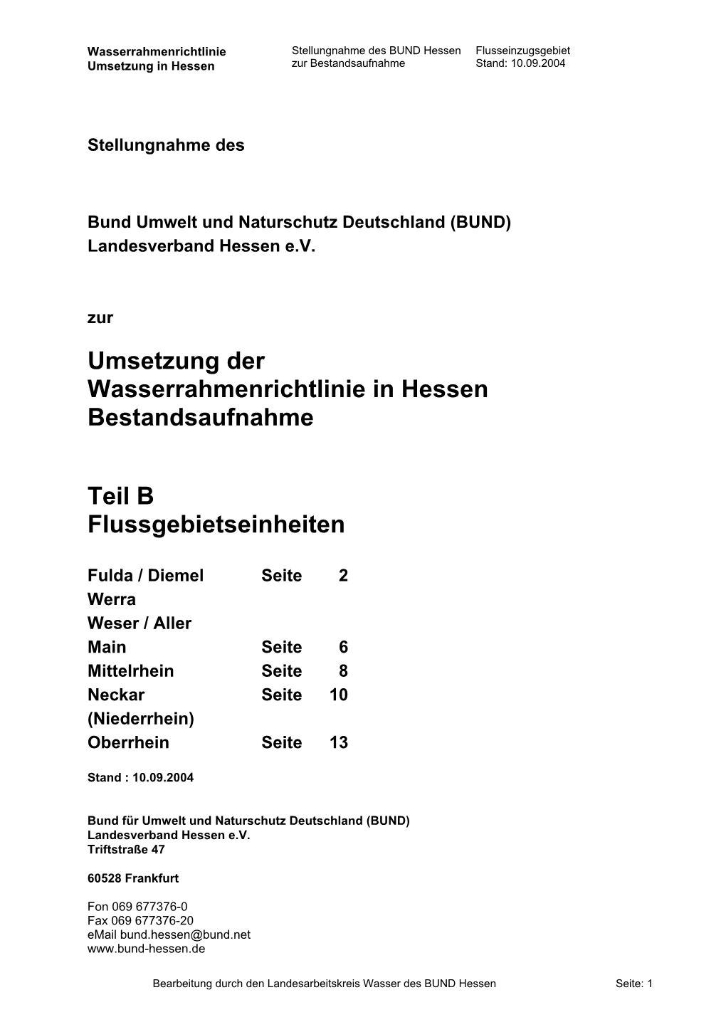Umsetzung Der Wasserrahmenrichtlinie in Hessen Bestandsaufnahme
