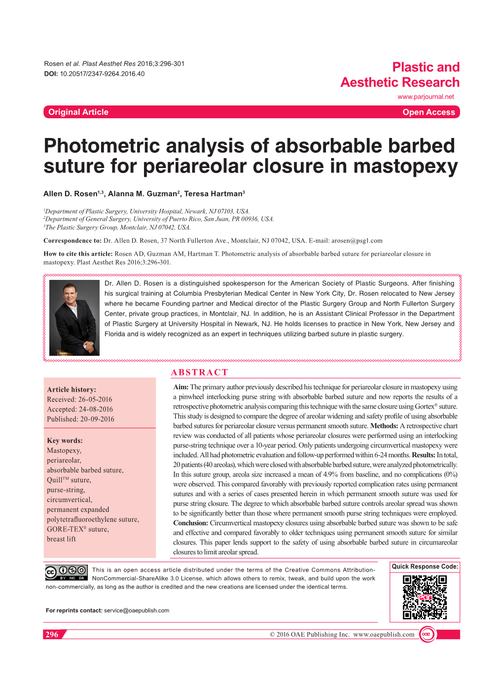 Photometric Analysis of Absorbable Barbed Suture for Periareolar Closure in Mastopexy
