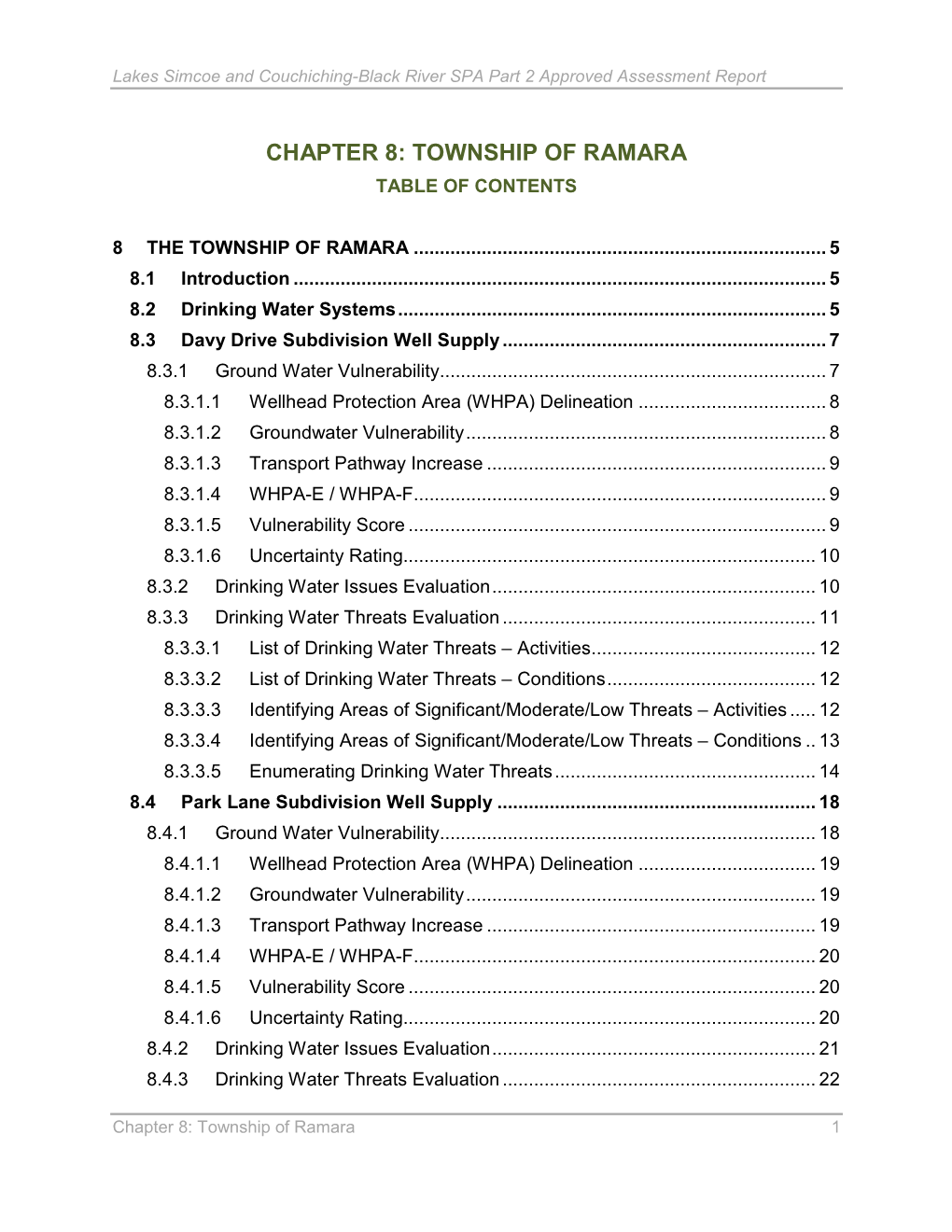 Chapter 8: Township of Ramara Table of Contents