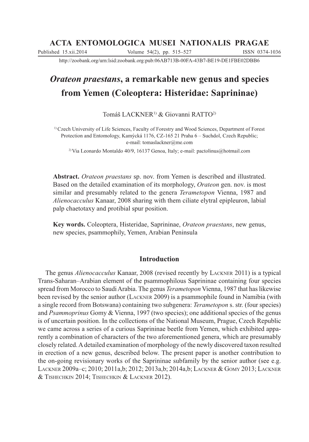 Orateon Praestans, a Remarkable New Genus and Species from Yemen (Coleoptera: Histeridae: Saprininae)