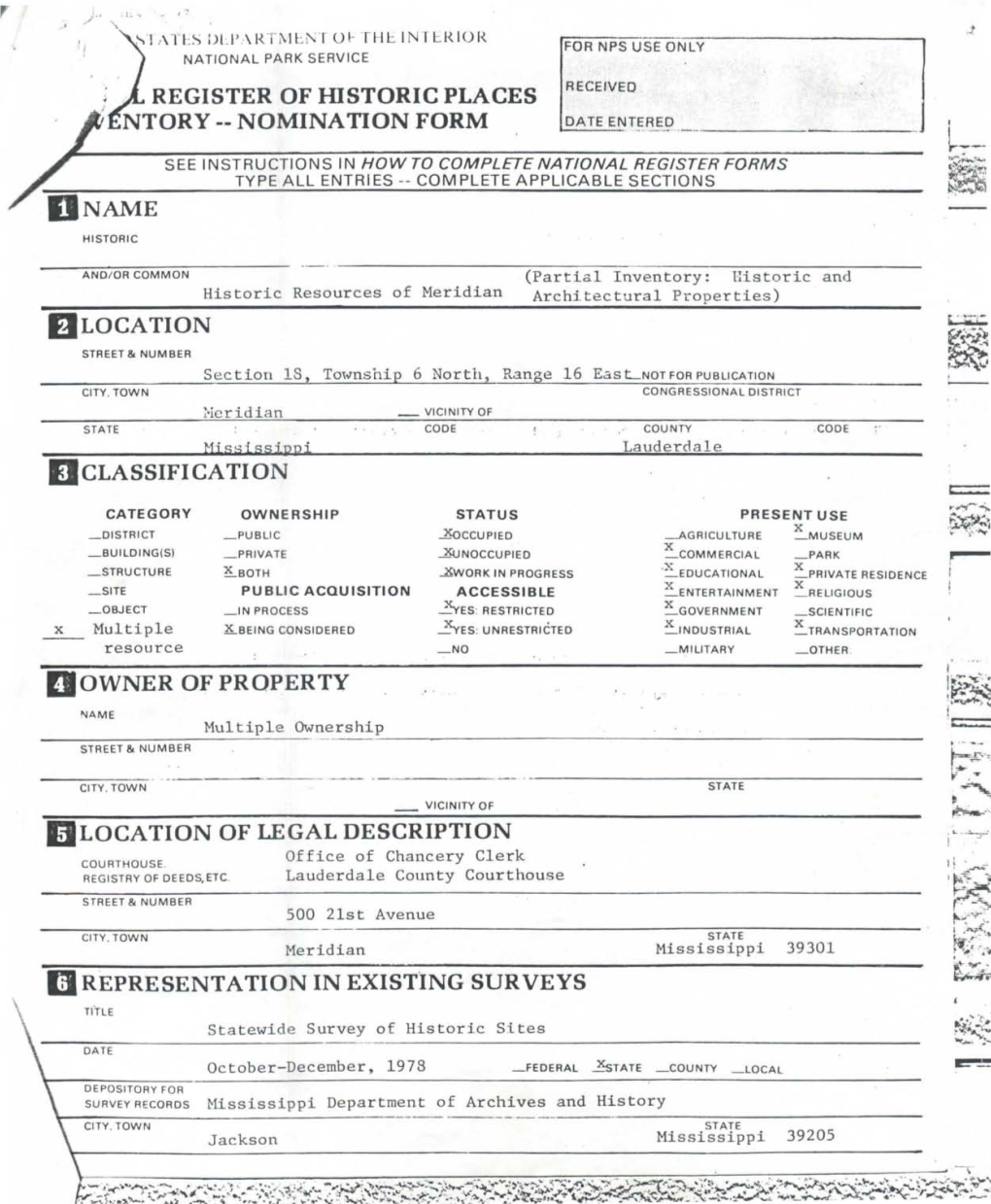 Register of Idstoric Places Ntory -- Nomination Form