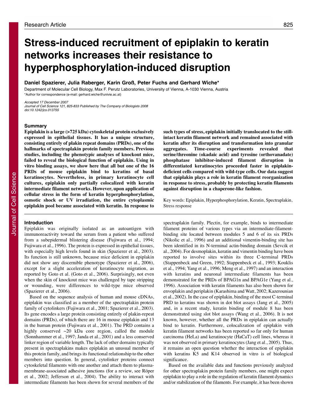 Stress-Induced Recruitment of Epiplakin to Keratin Networks Increases Their Resistance to Hyperphosphorylation-Induced Disruption