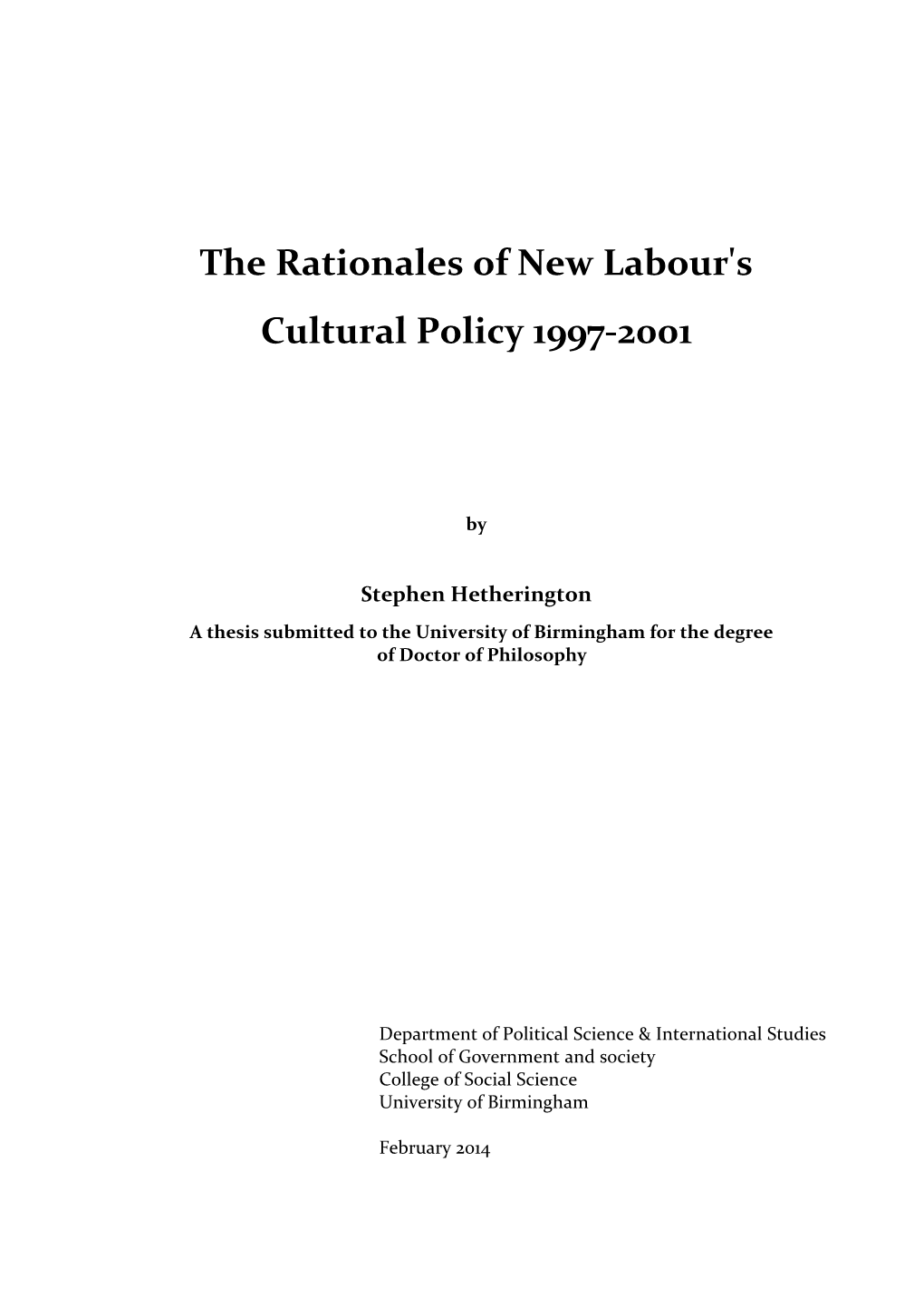 The Rationales of New Labour's Cultural Policy 1997-2001