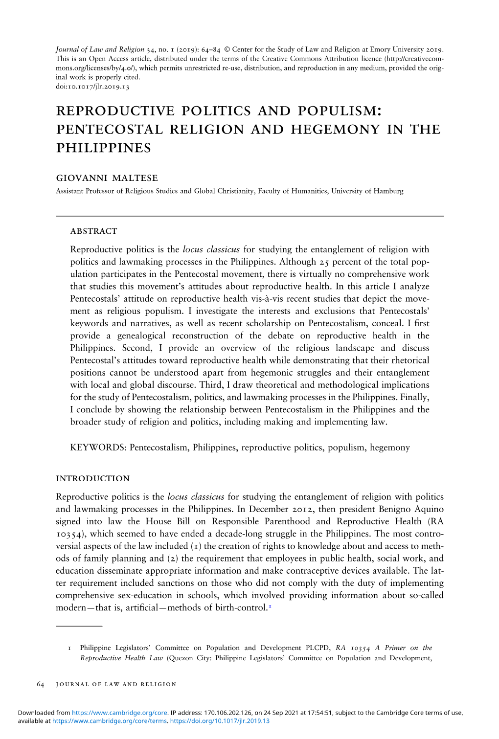 Reproductive Politics and Populism: Pentecostal Religion and Hegemony in the Philippines