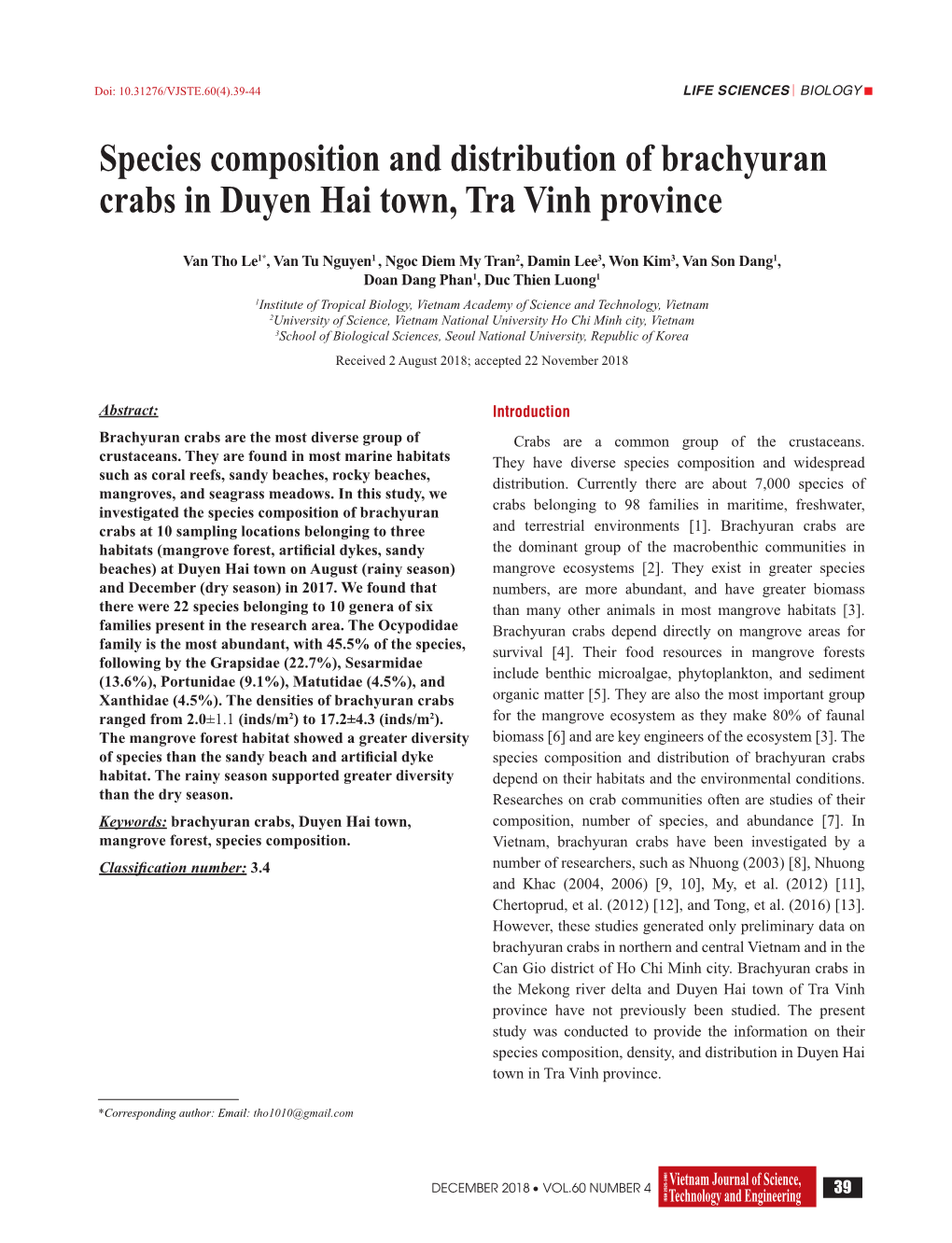 Species Composition and Distribution of Brachyuran Crabs in Duyen Hai Town, Tra Vinh Province