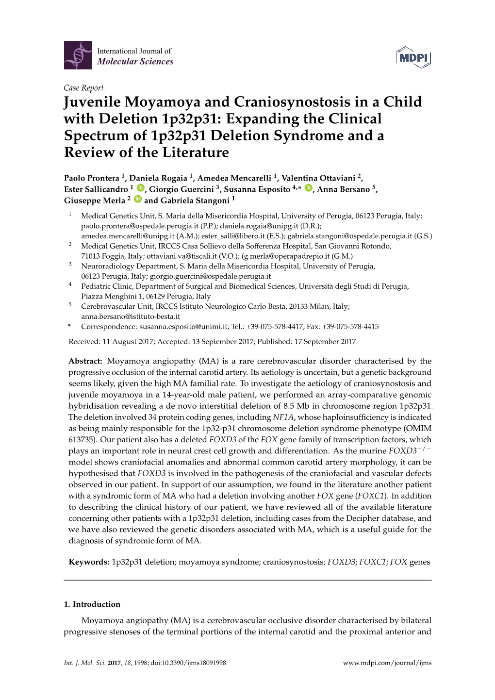 Juvenile Moyamoya and Craniosynostosis in a Child with Deletion 1P32p31: Expanding the Clinical Spectrum of 1P32p31 Deletion Syndrome and a Review of the Literature