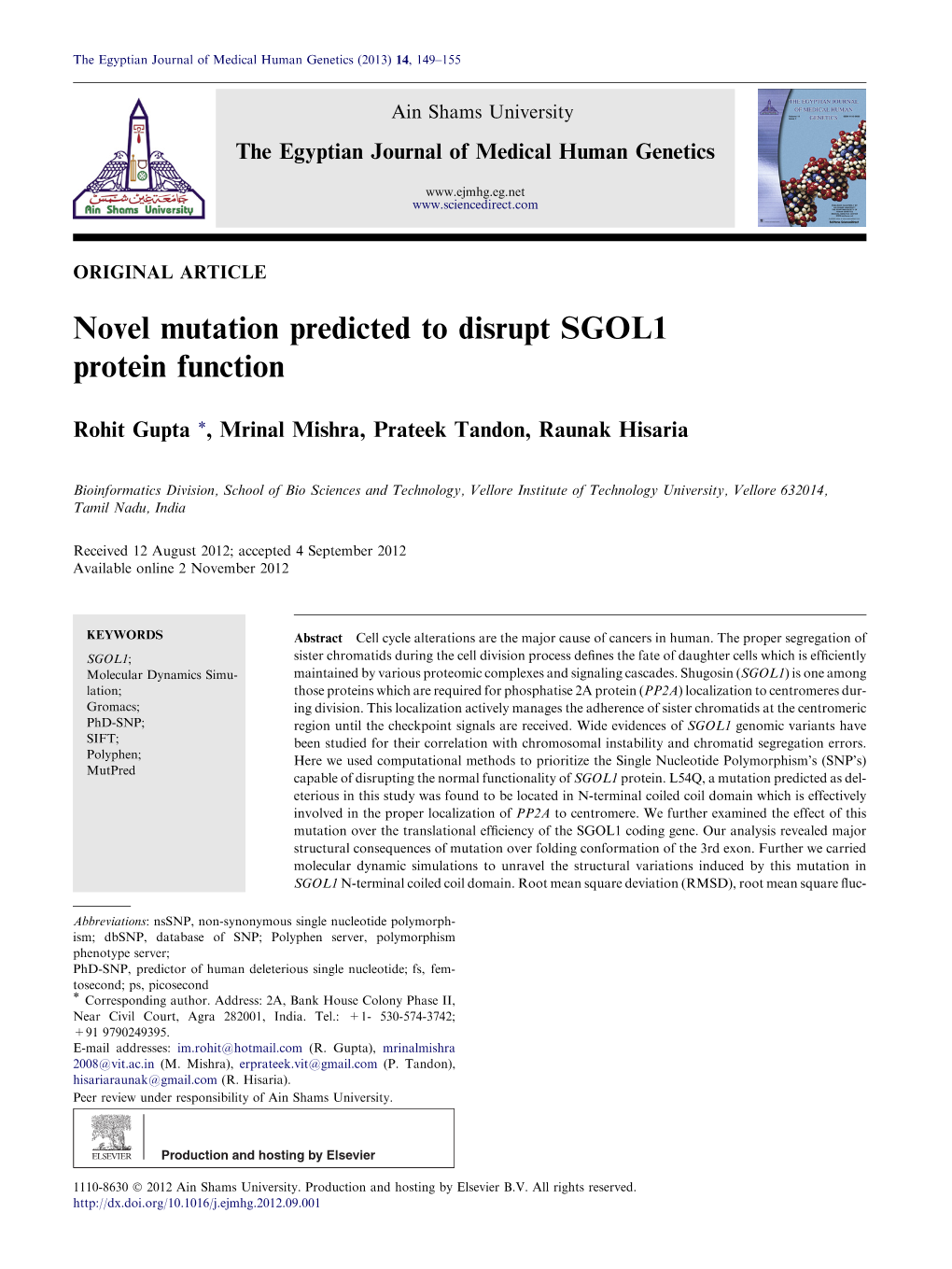 Novel Mutation Predicted to Disrupt SGOL1 Protein Function