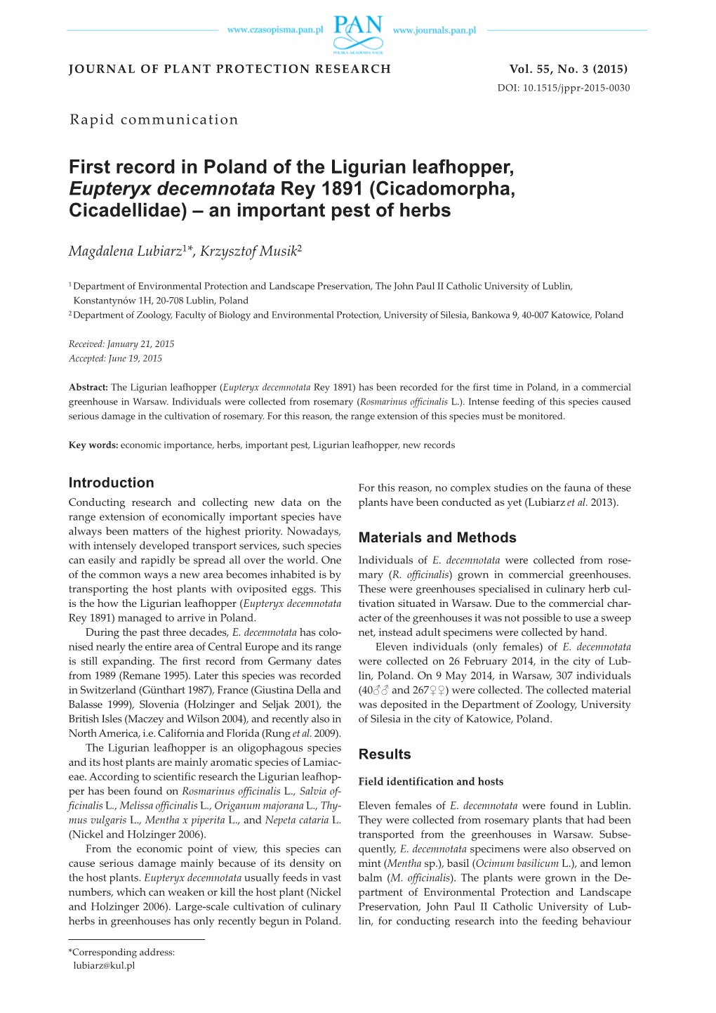 First Record in Poland of the Ligurian Leafhopper, Eupteryx Decemnotata Rey 1891 (Cicadomorpha, Cicadellidae) – an Important Pest of Herbs