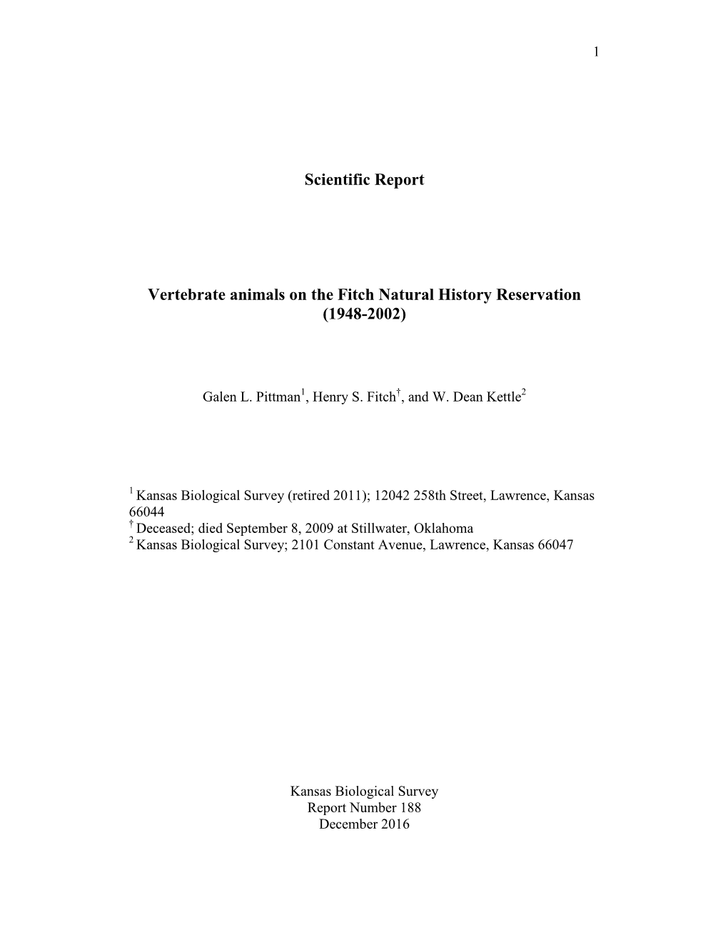 Scientific Report Vertebrate Animals on the Fitch Natural History