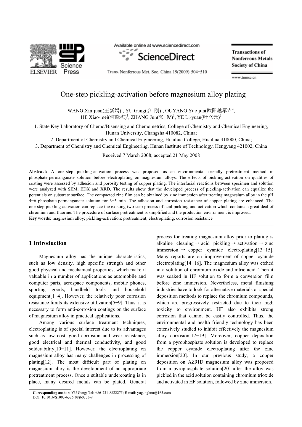 One-Step Pickling-Activation Before Magnesium Alloy Plating