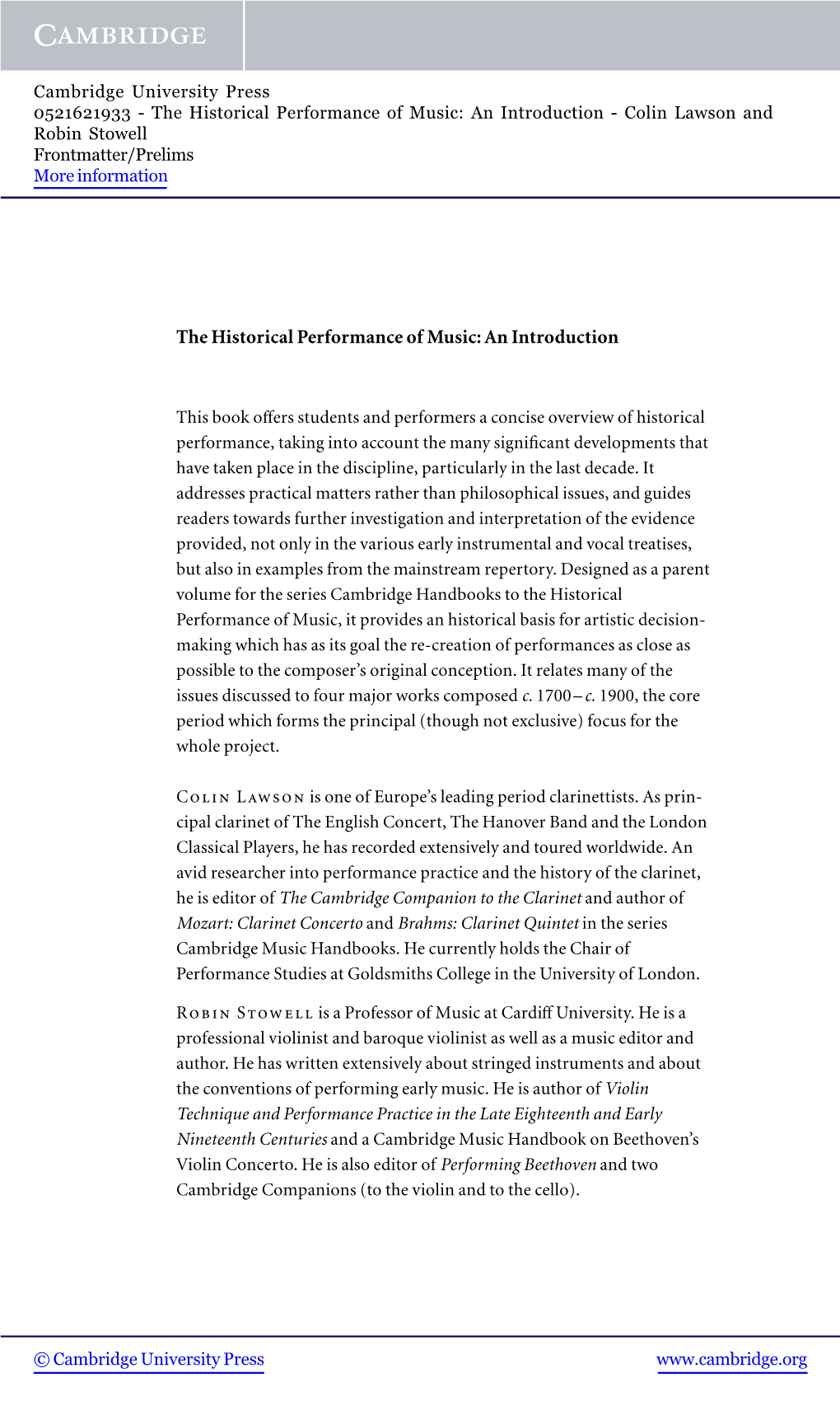 The Historical Performance of Music: an Introduction - Colin Lawson and Robin Stowell Frontmatter/Prelims More Information