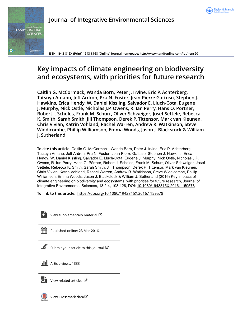 Key Impacts of Climate Engineering on Biodiversity and Ecosystems, with Priorities for Future Research