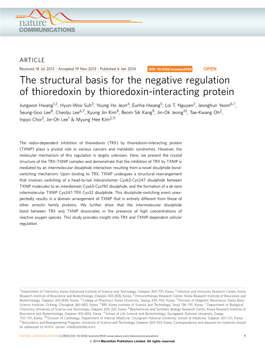 The Structural Basis for the Negative Regulation of Thioredoxin by Thioredoxin-Interacting Protein