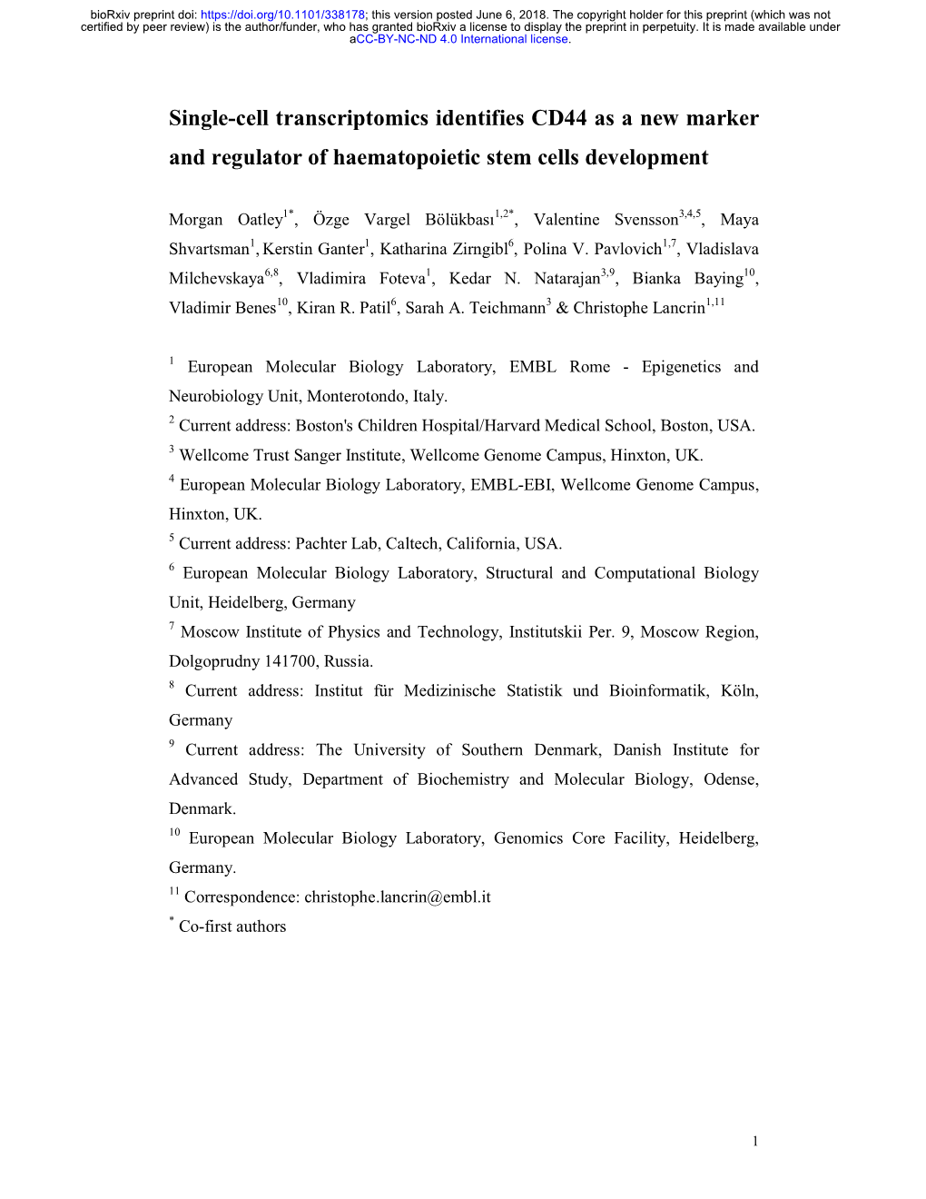 Single-Cell Transcriptomics Identifies CD44 As a New Marker and Regulator of Haematopoietic Stem Cells Development