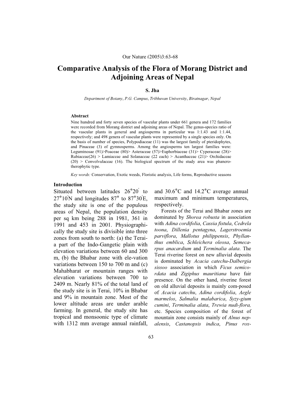 Comparative Analysis of the Flora of Morang District and Adjoining Areas of Nepal