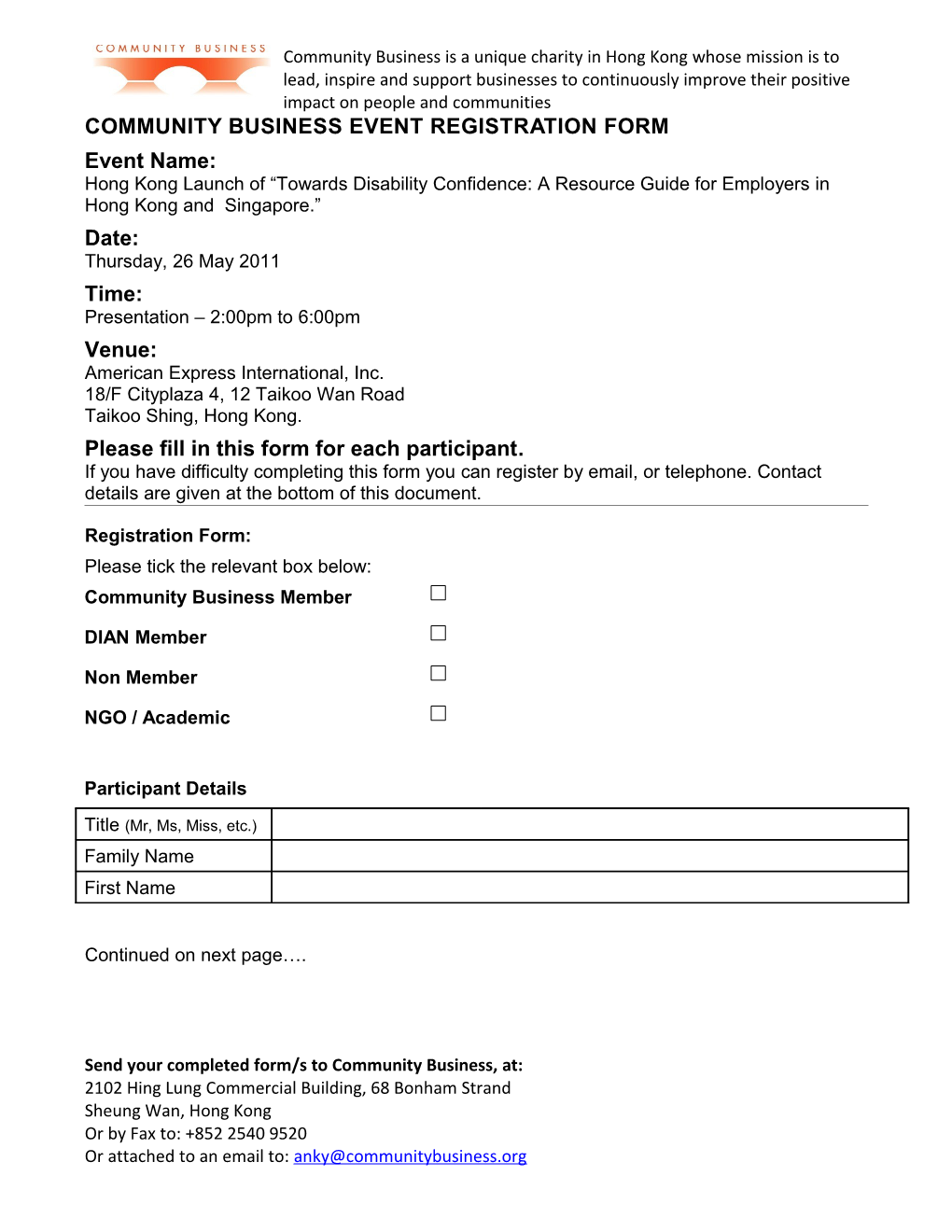 Community Business Event Registration Form