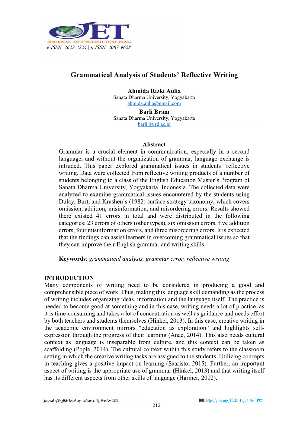 Grammatical Analysis of Students' Reflective Writing