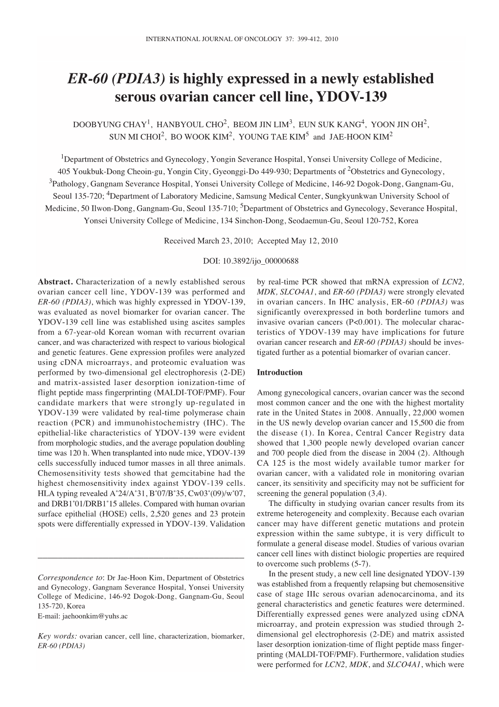 ER-60 (PDIA3) Is Highly Expressed in a Newly Established Serous Ovarian Cancer Cell Line, YDOV-139