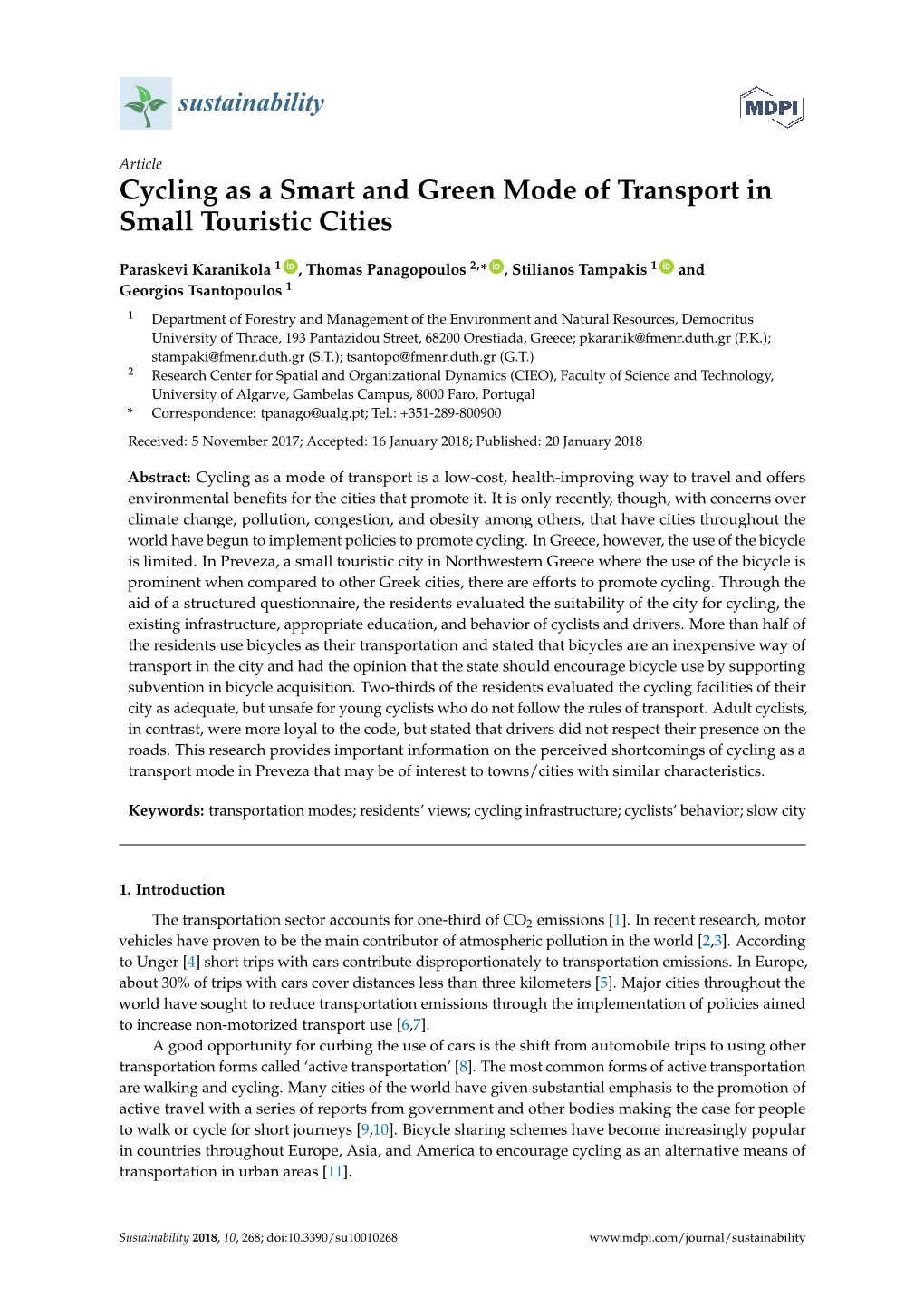 Cycling As a Smart and Green Mode of Transport in Small Touristic Cities