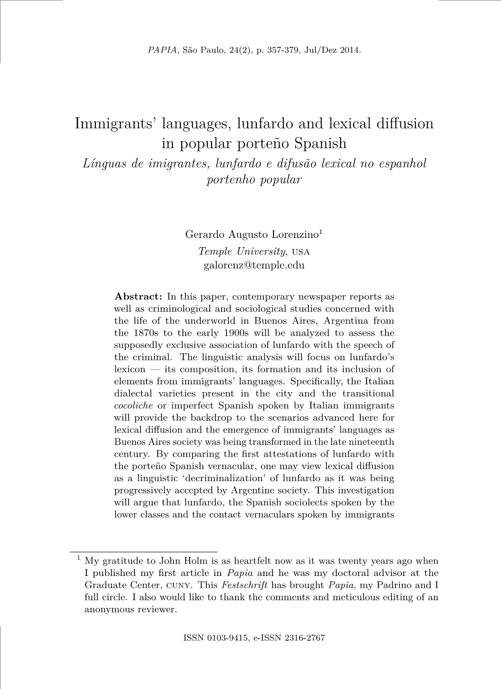 Immigrants' Languages, Lunfardo and Lexical Diffusion in Popular Porteño