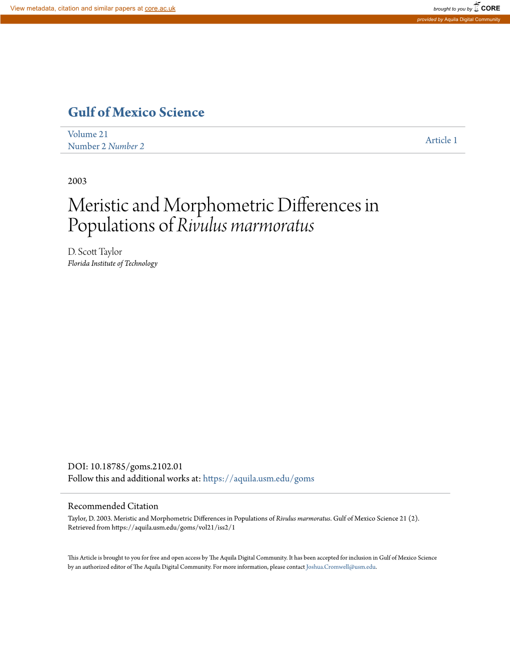 Meristic and Morphometric Differences in Populations of Rivulus Marmoratus D