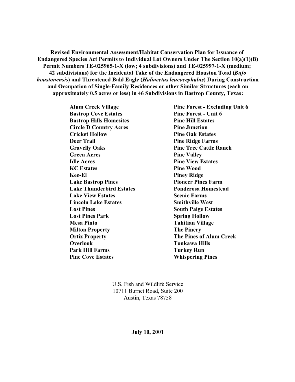 Revised Environmental Assessment/Habitat Conservation Plan for Issuance of Endangered Species Act Permits to Individual Lot Owne