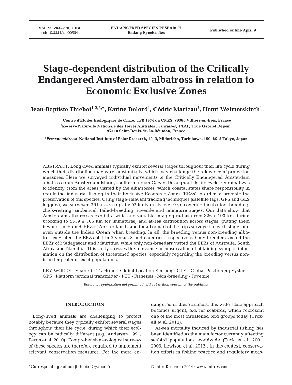Stage-Dependent Distribution of the Critically Endangered Amsterdam Albatross in Relation to Economic Exclusive Zones