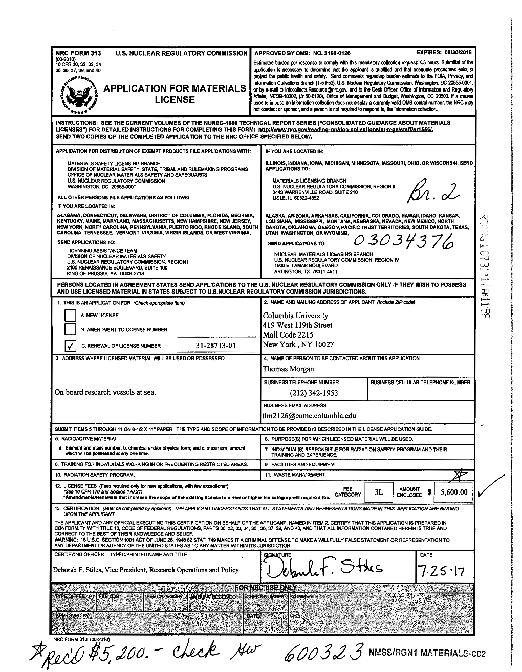Columbia University, Renewal Request, NRC Form 313 Dated 07