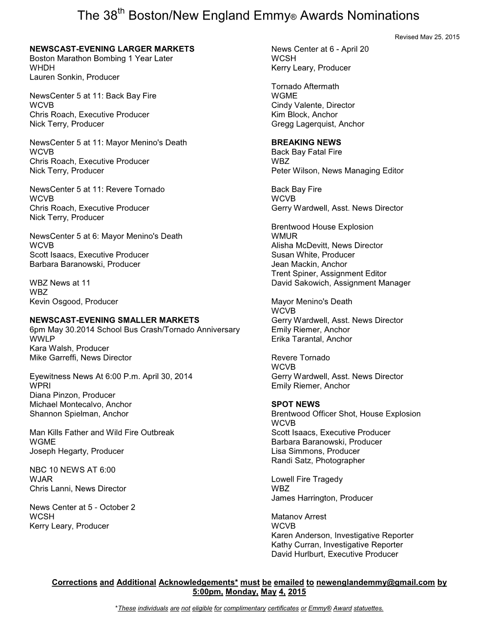 38Th Boston/New England Emmy Awards Nominations