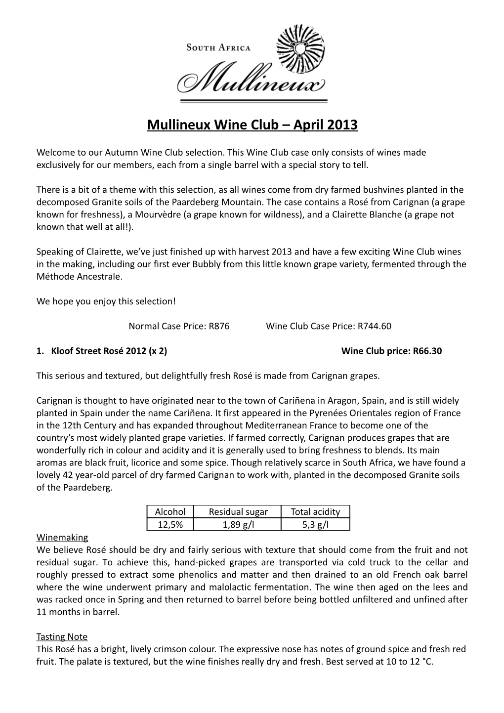 Mullineux Wine Club – April 2013