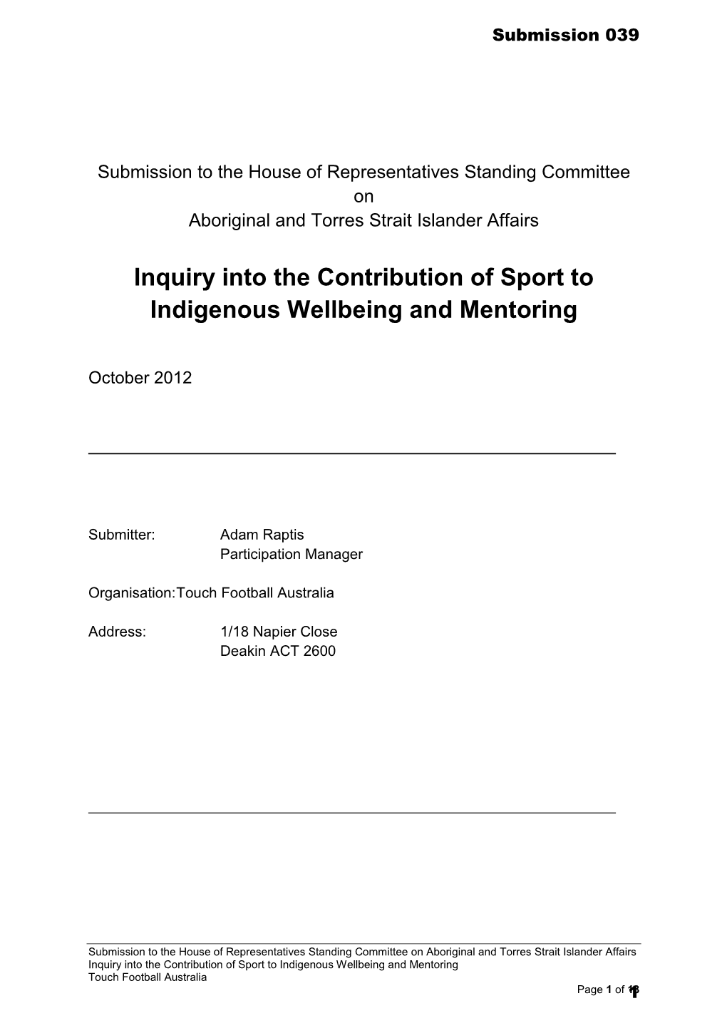 Inquiry Into the Contribution of Sport to Indigenous Wellbeing and Mentoring