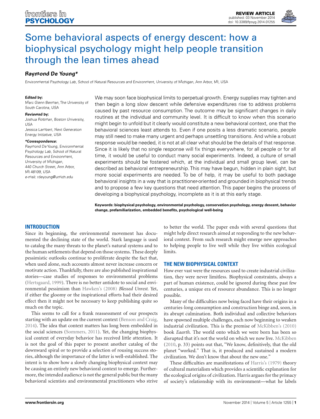 Some Behavioral Aspects of Energy Descent: How a Biophysical Psychology Might Help People Transition Through the Lean Times Ahead