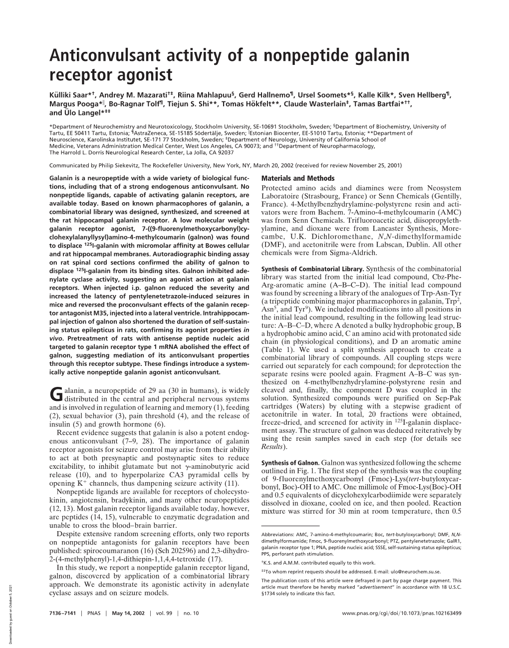 Anticonvulsant Activity of a Nonpeptide Galanin Receptor Agonist