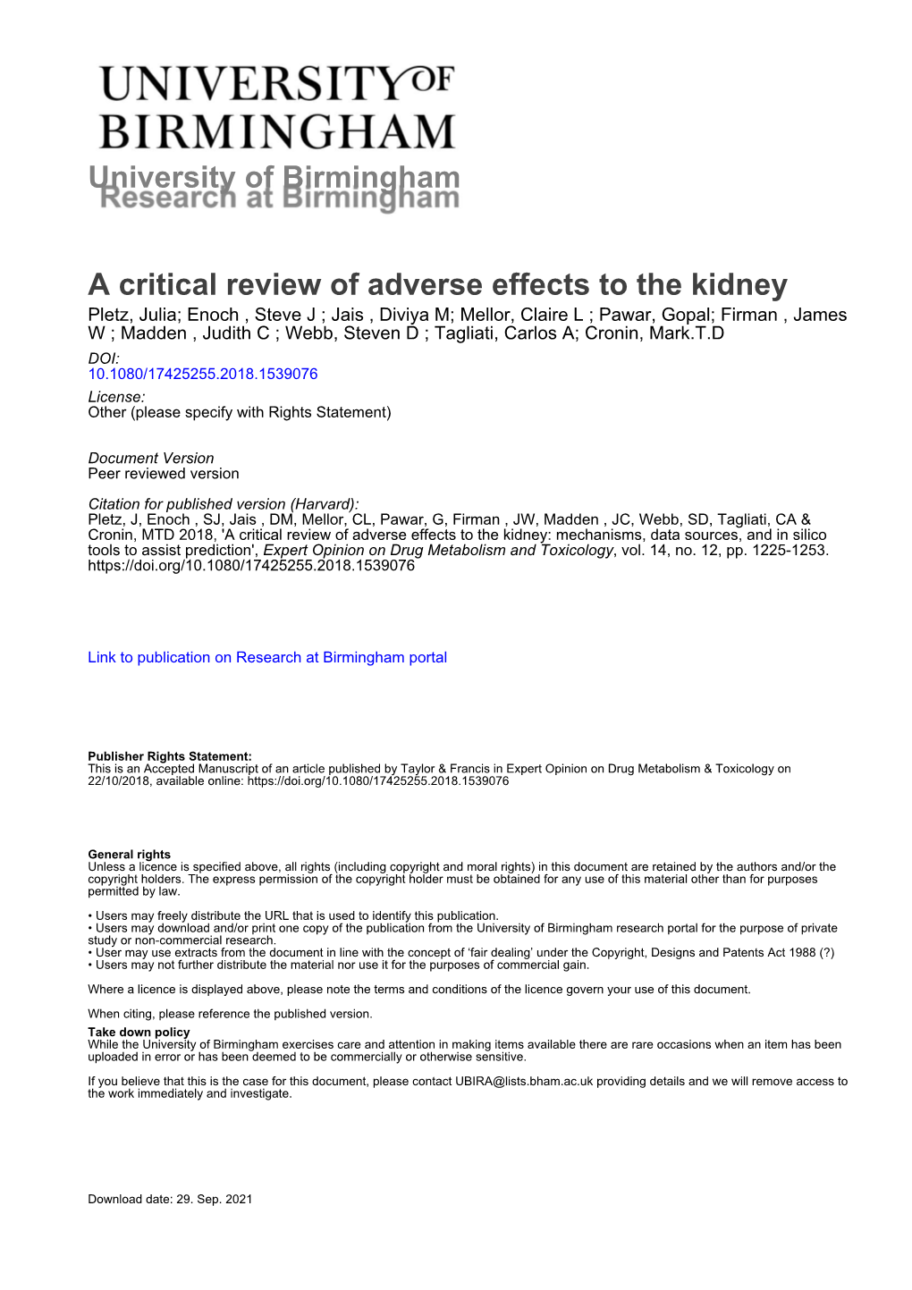 University of Birmingham a Critical Review of Adverse Effects to the Kidney