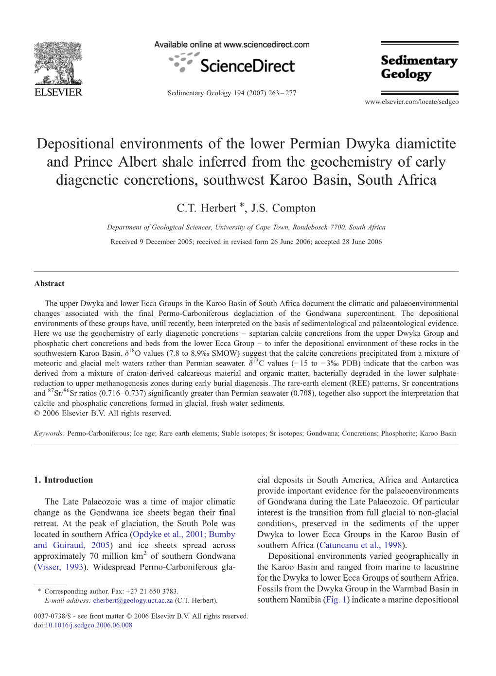 Depositional Environments of the Lower Permian Dwyka Diamictite